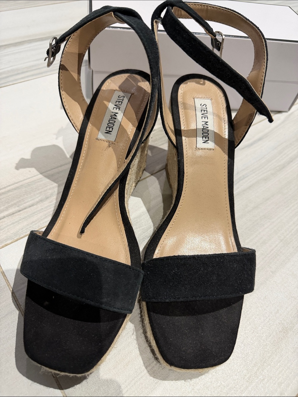 Steve Madden Black Suede Espadrille Wedge Sandals with Ankle Strap